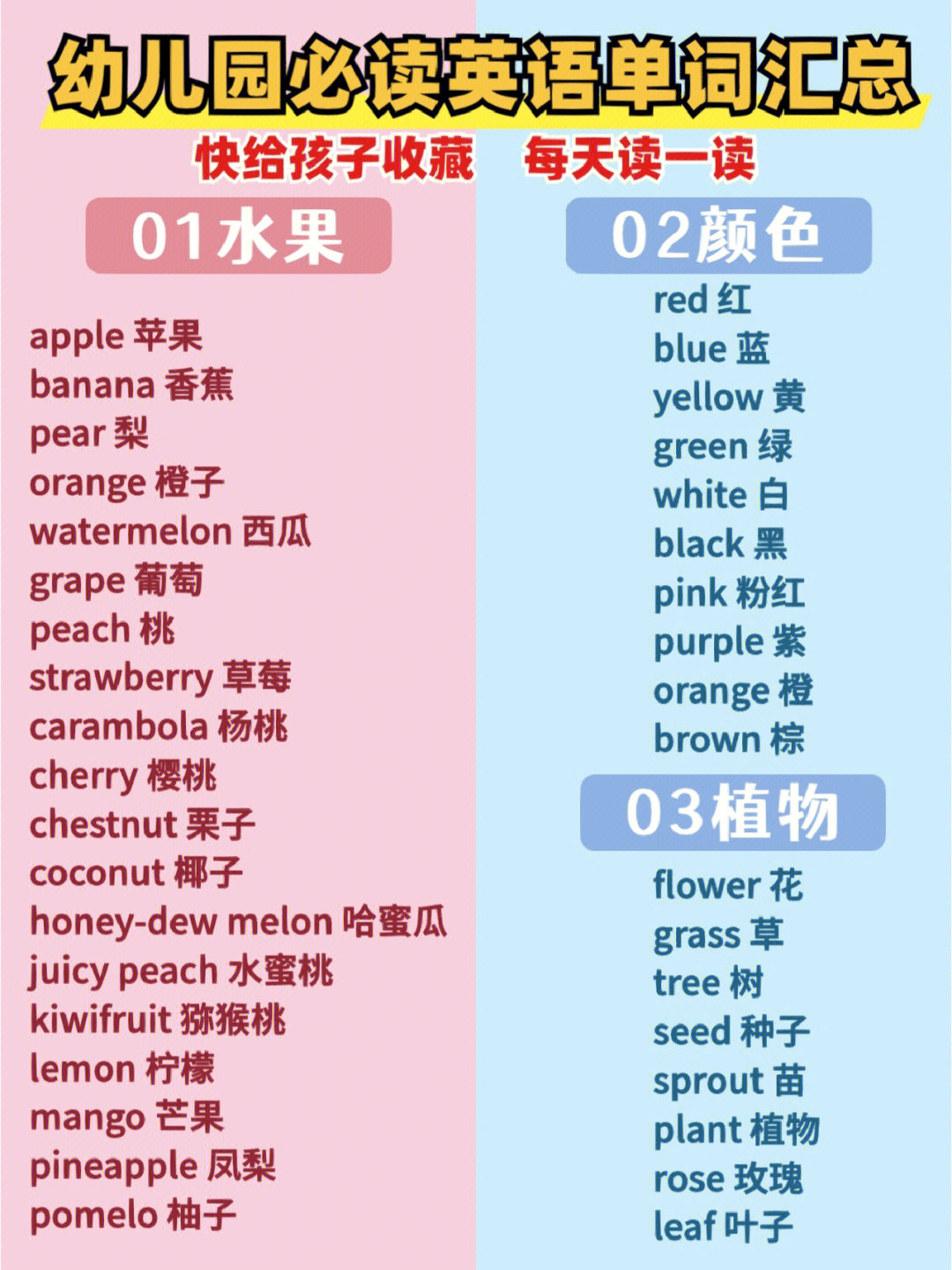 幼儿园早教启蒙教育必学英语单词汇总