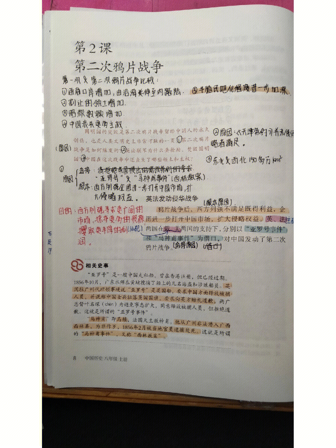 八上历史第二课《第二次鸦片战争》笔记,最后一张为思维导图