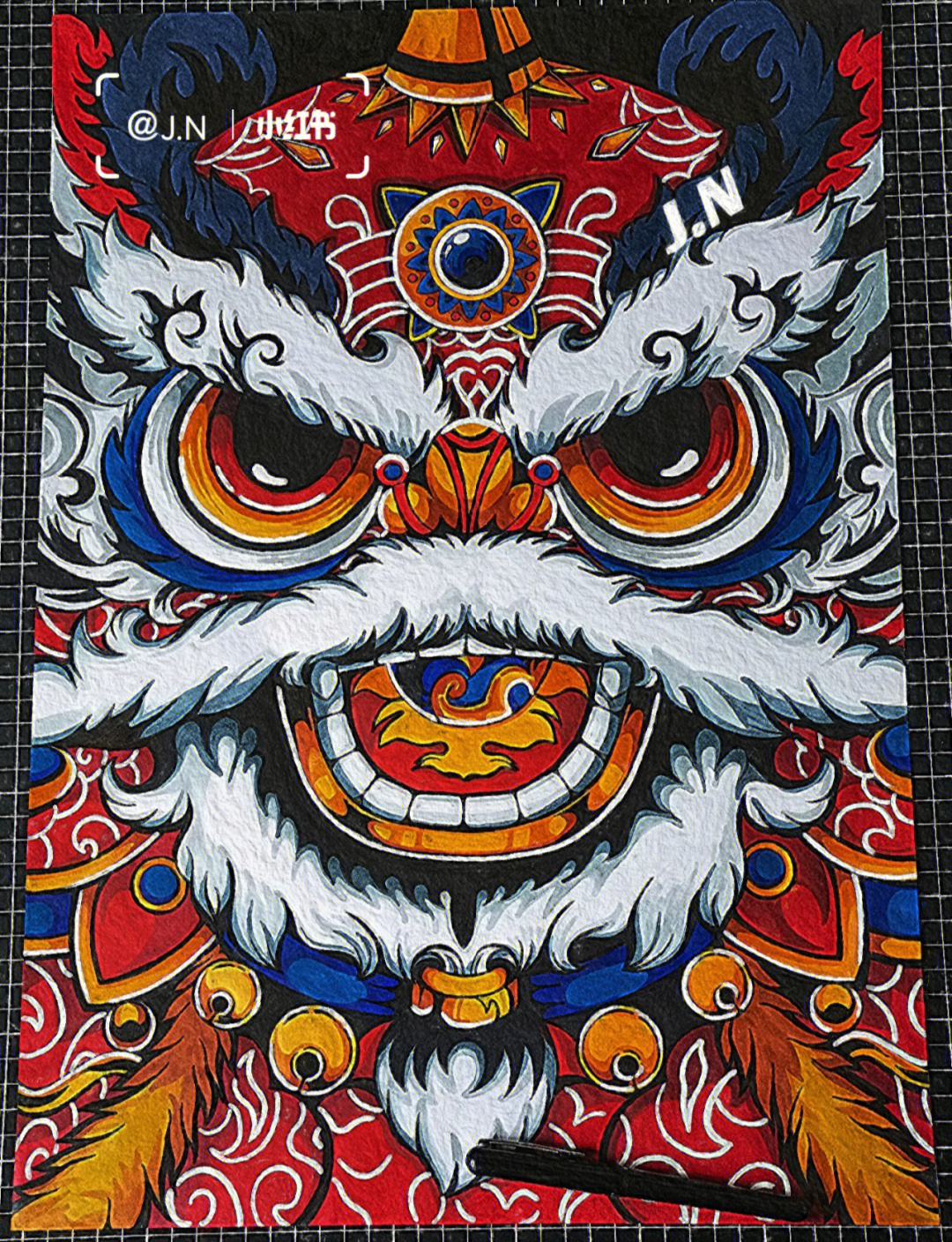 中国画马克笔舞狮头图片