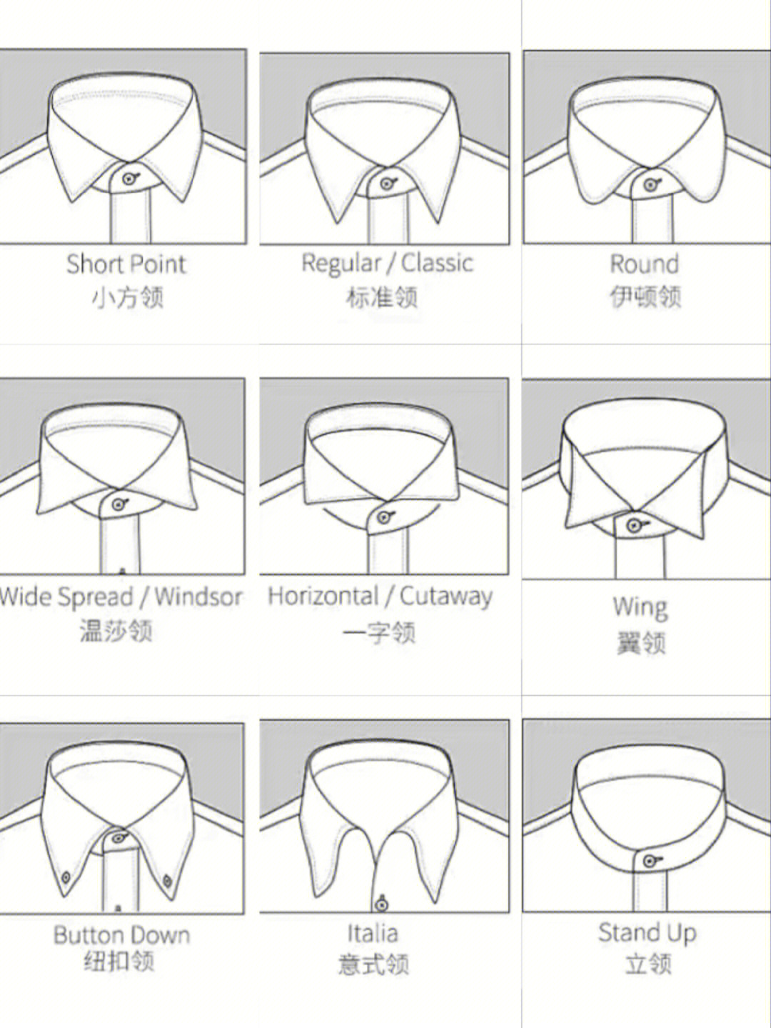 衬衫领型分类图解图片