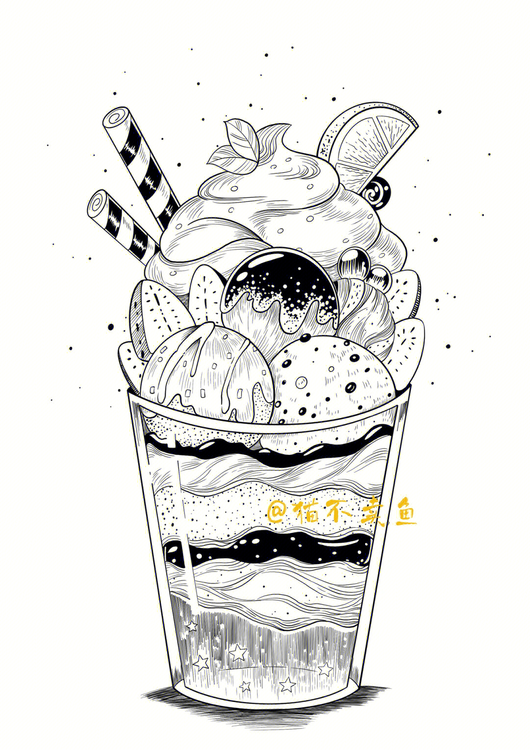 冰淇淋线描画黑白图片