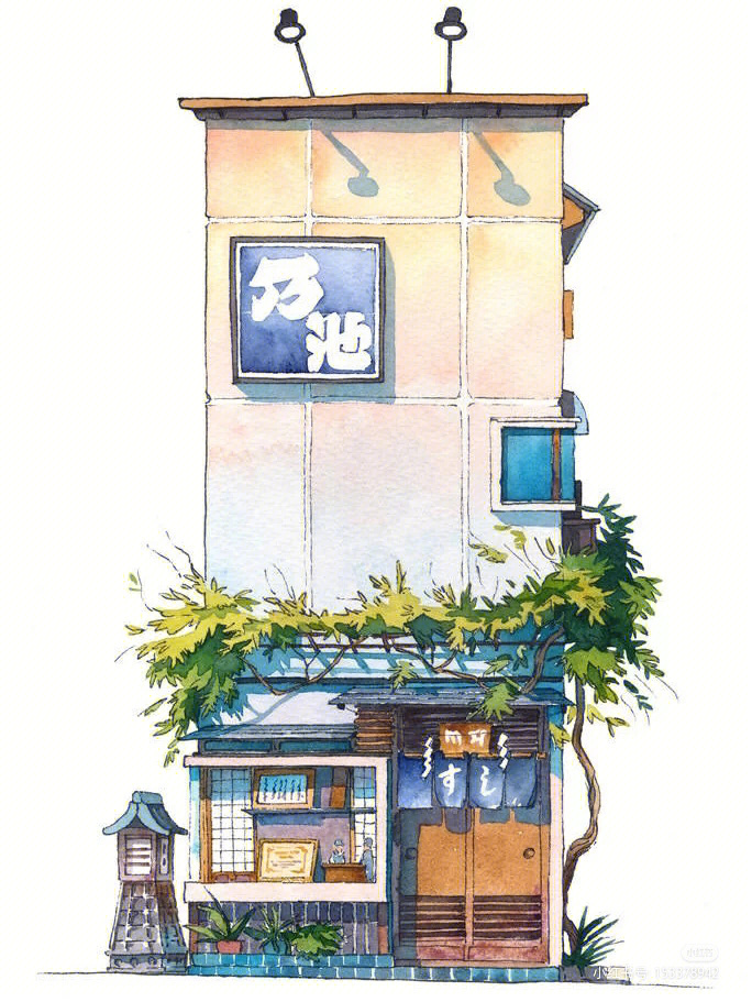 分享水彩画为#9591 日式街道小店风景一 我爱画画 水彩画