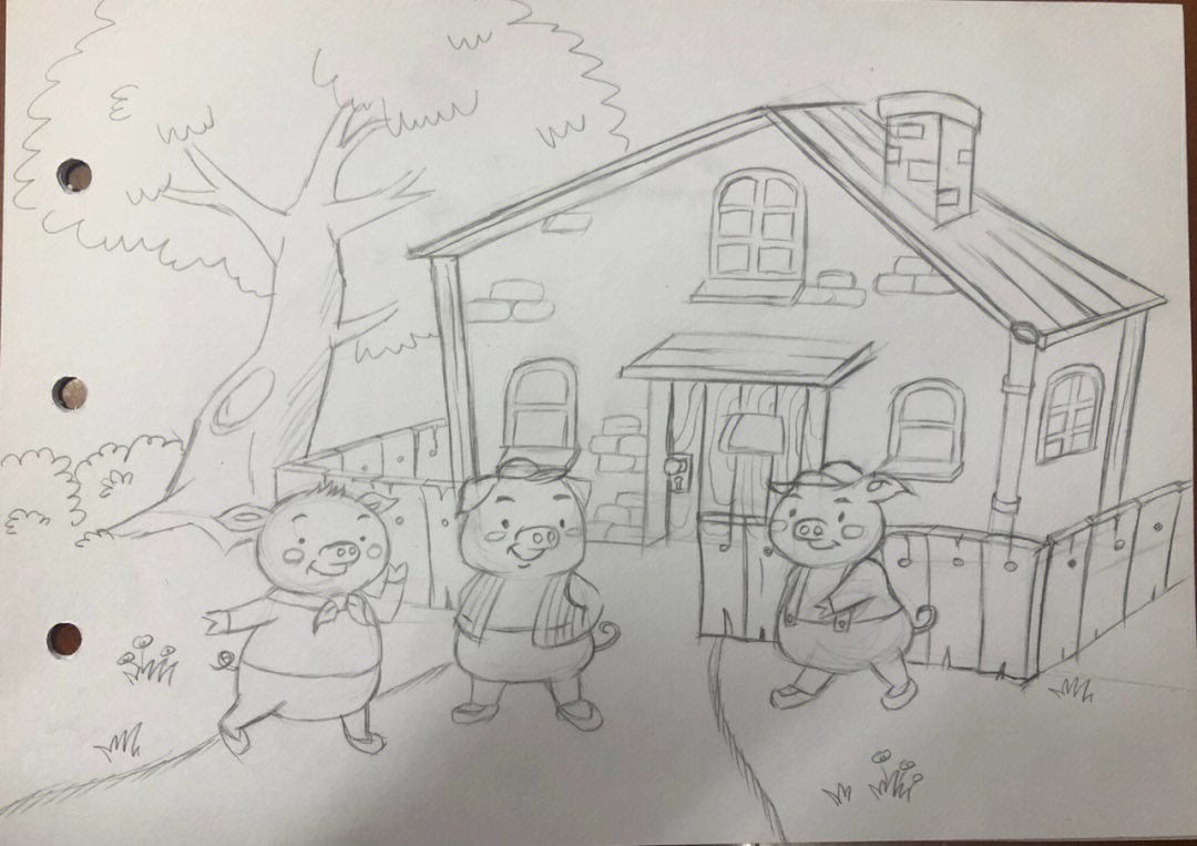 简笔画三只小猪盖房子图片