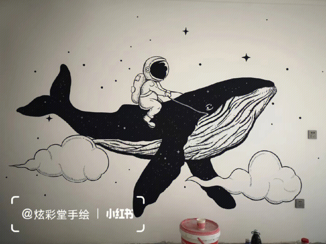 256宇航员鲸鱼墙体彩绘儿童房手绘墙绘