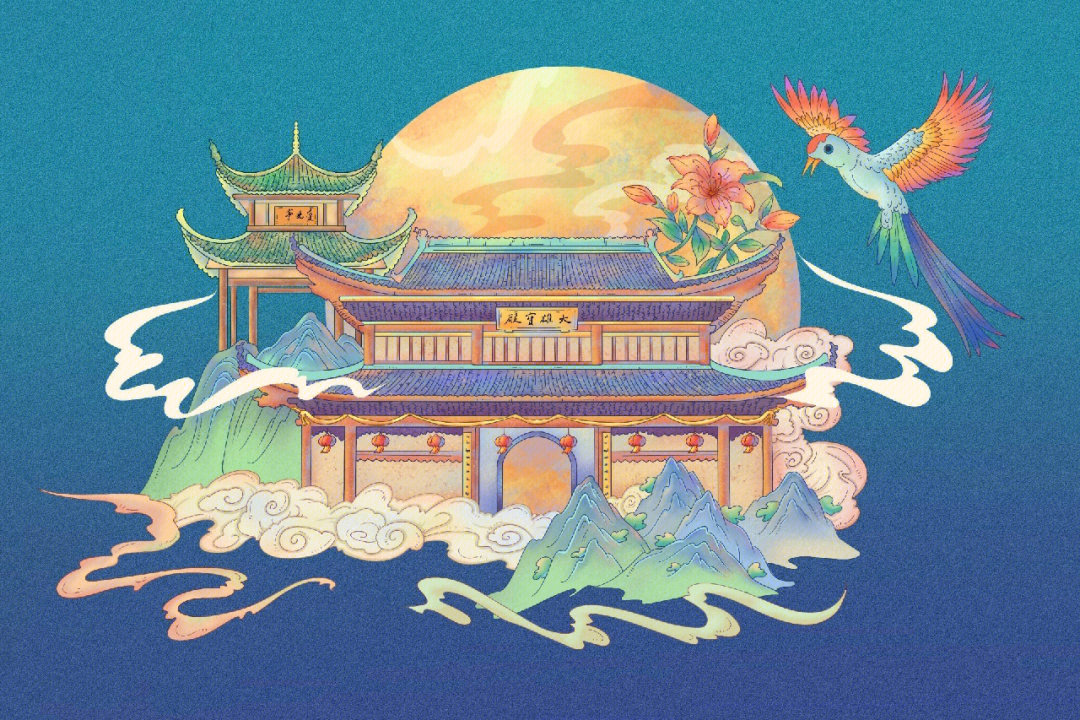 一组国潮风城市建筑风景插画