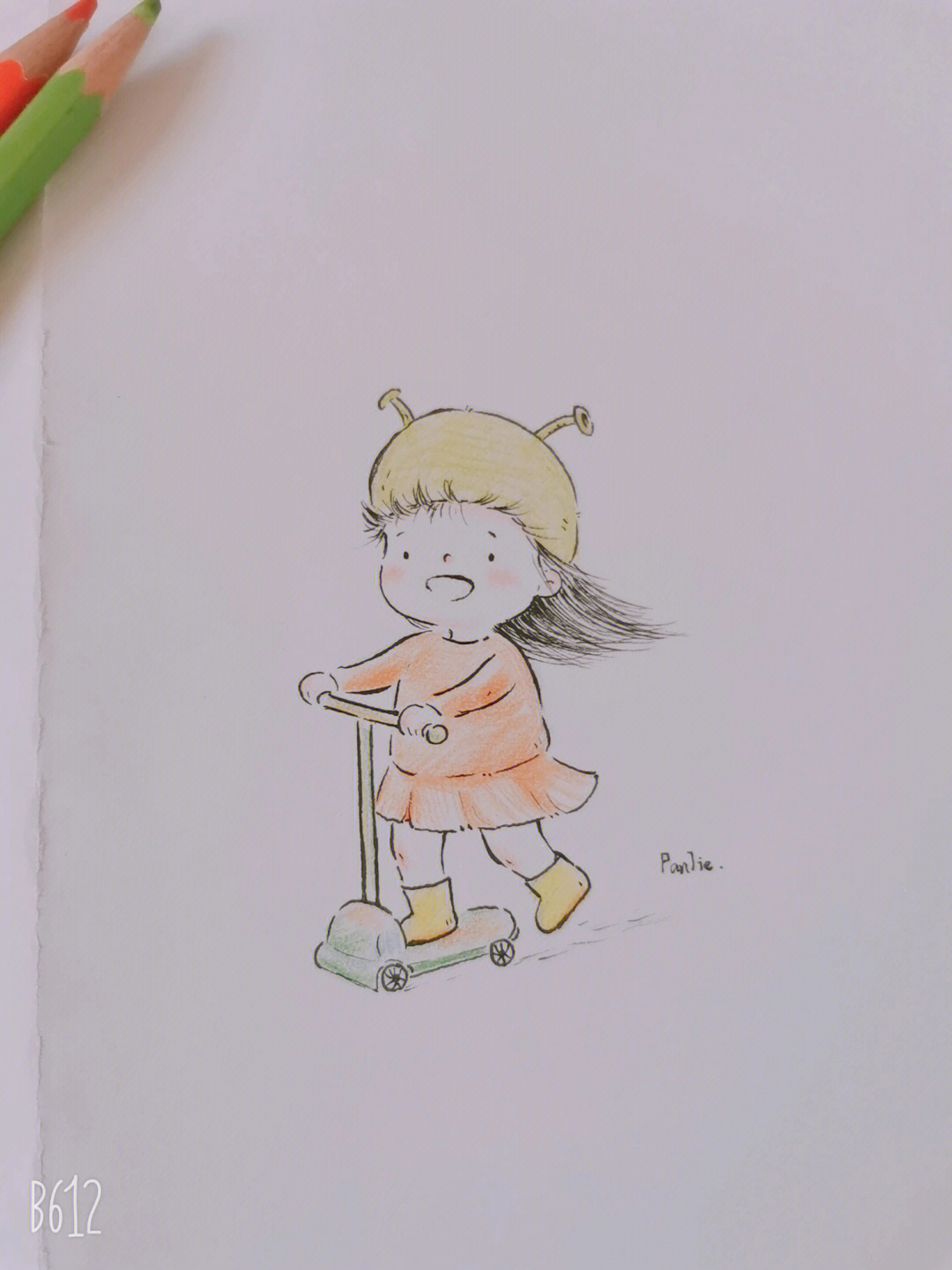 儿童插画手绘滑板车女孩简笔画