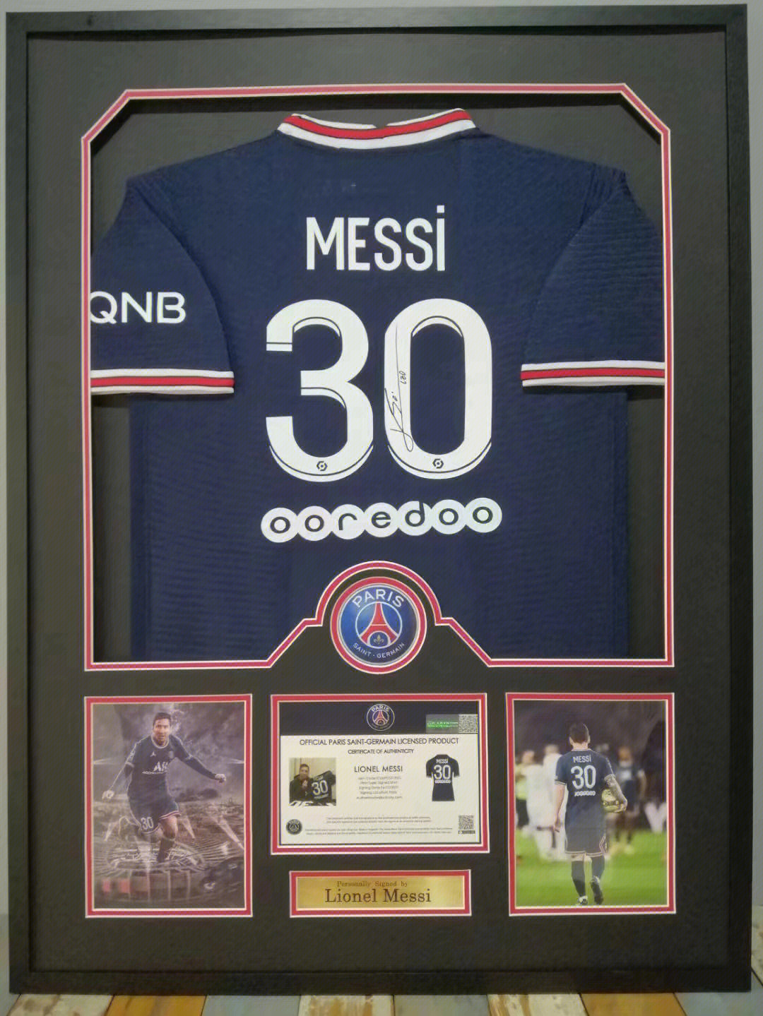实拍现货,梅西亲笔签名大巴黎30号球衣,icons证书,精装裱,包邮顺丰