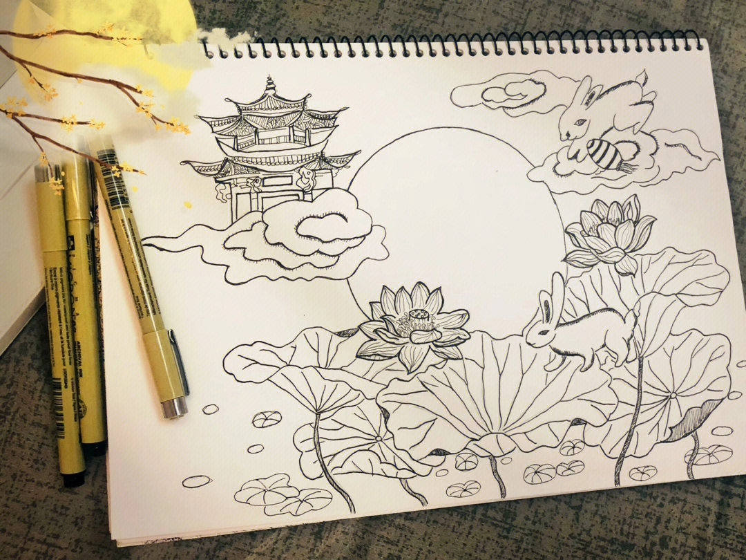 一幅中秋节画 线描图片