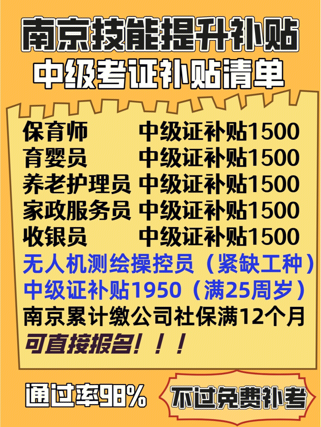 南京技能提升补贴中级证补贴清单