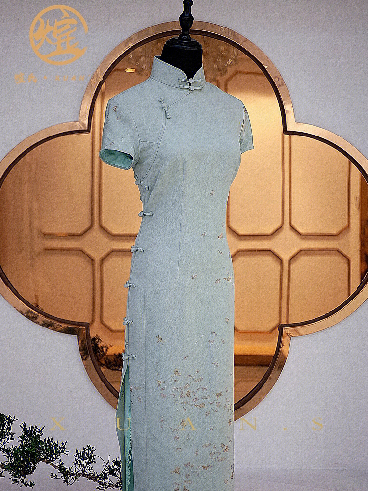 旗袍穿在身上的艺术品天青色正娟旗袍