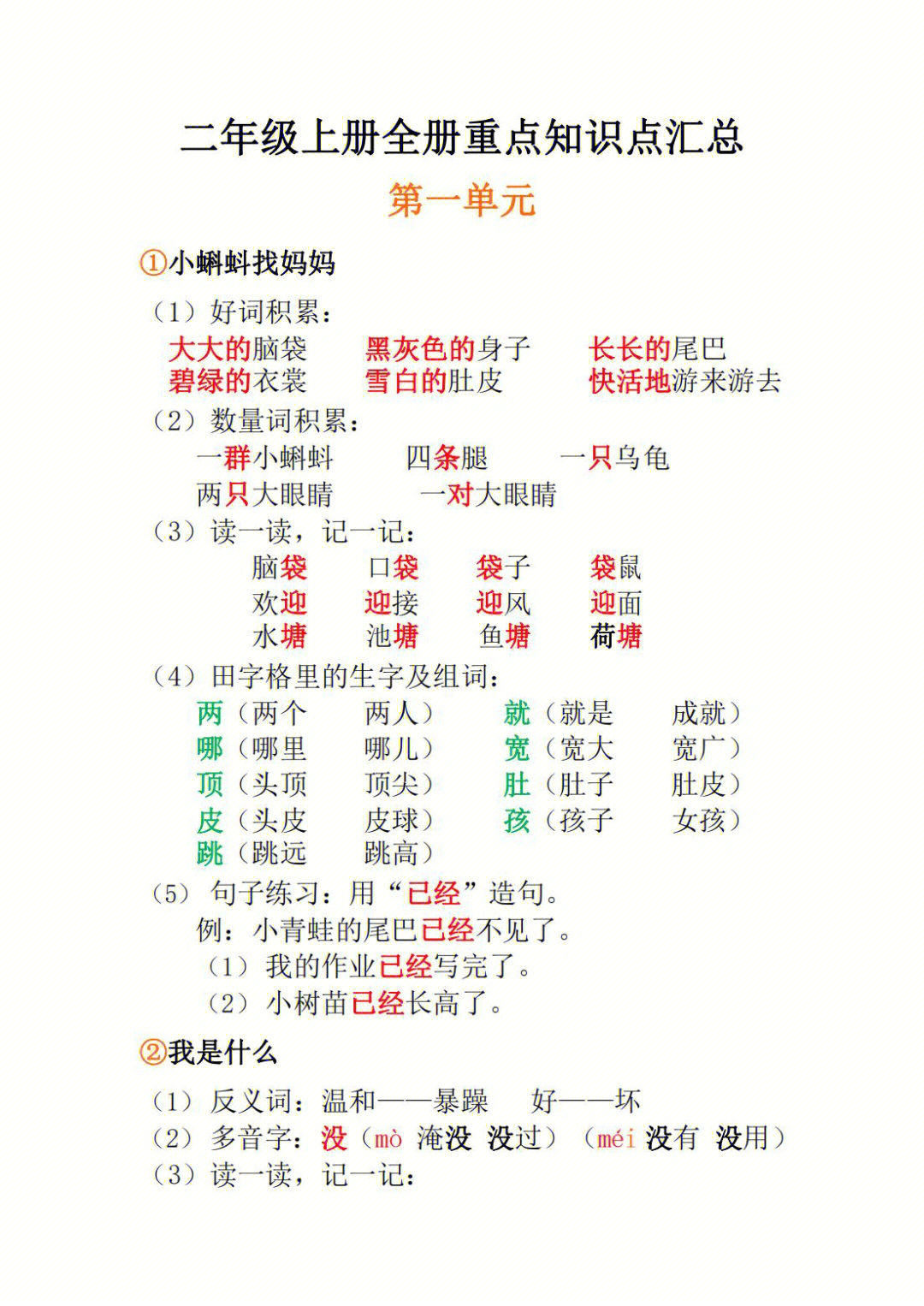 二年级语文上册全册重点知识点汇总可打印