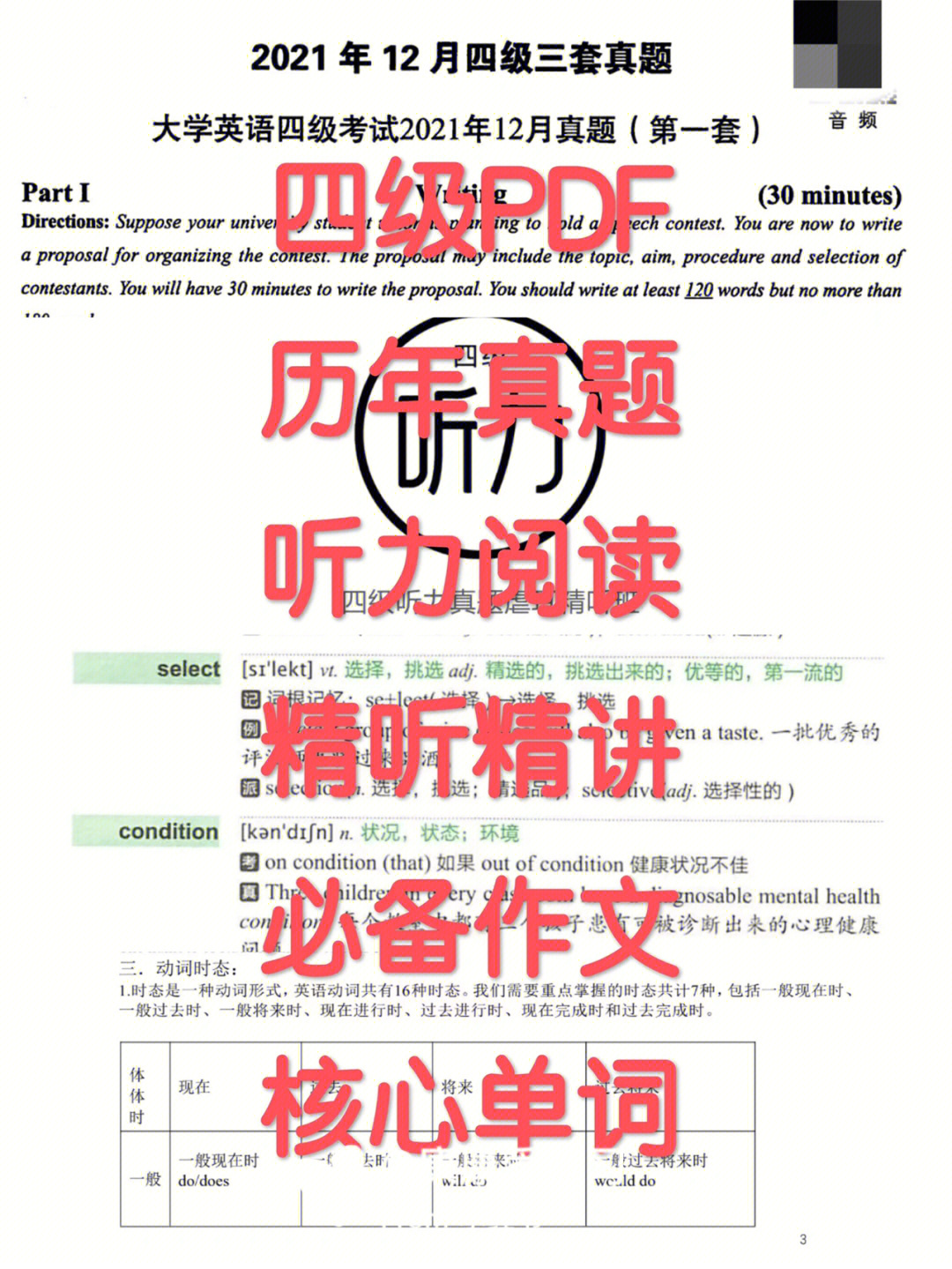 大学英语四级历年真题pdf范文单词资料