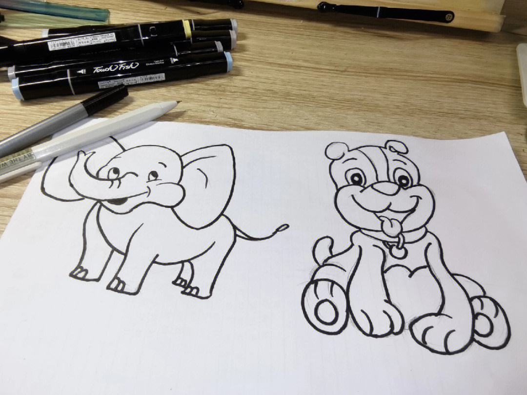 简笔画小狗和大象动物附线稿