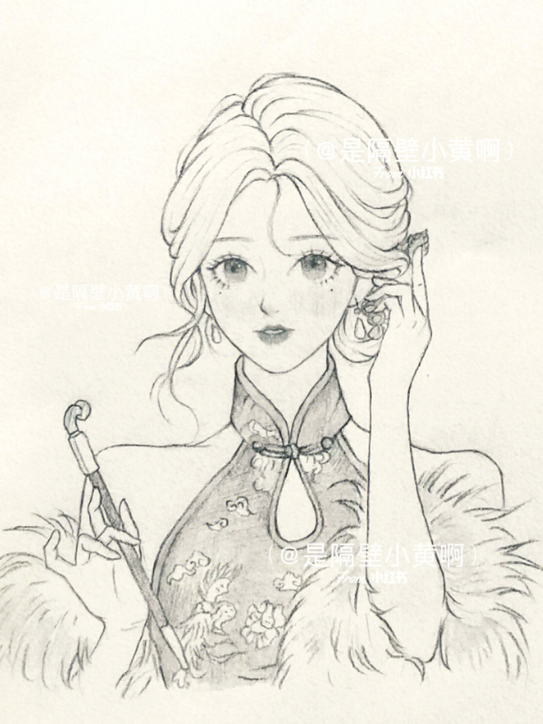 旗袍美女手绘 线稿图片