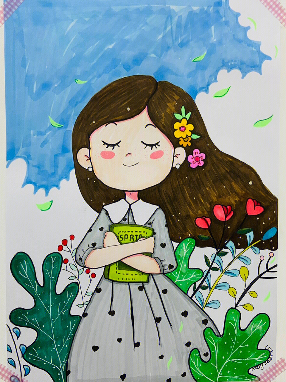 春暖花开小女孩马克笔画