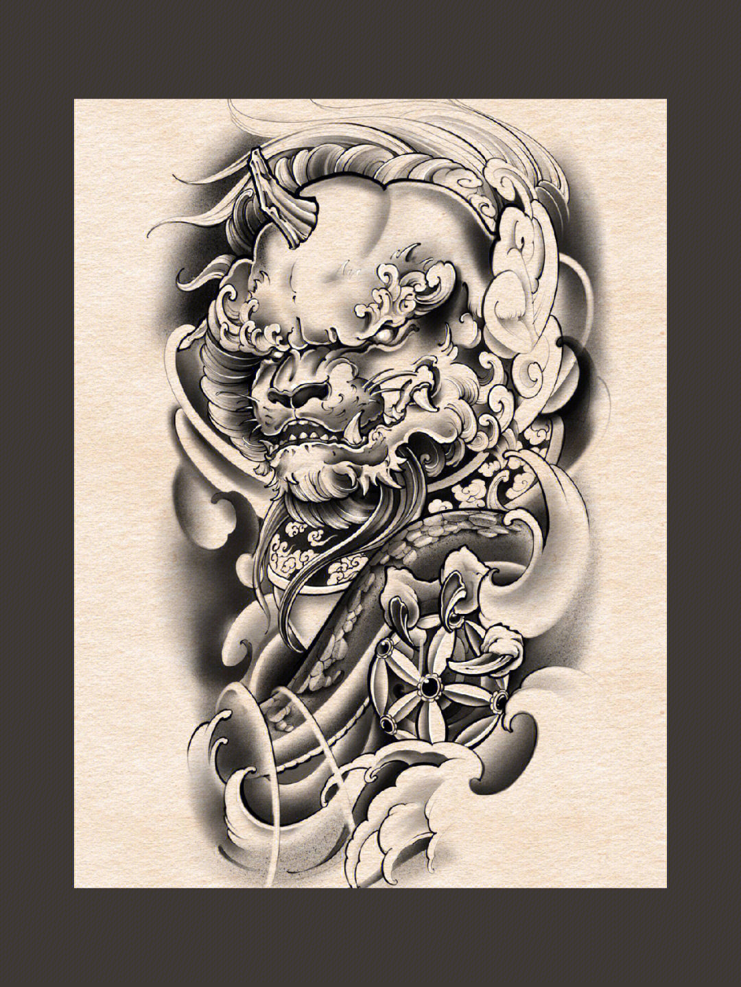 唐狮花臂纹身手稿图片