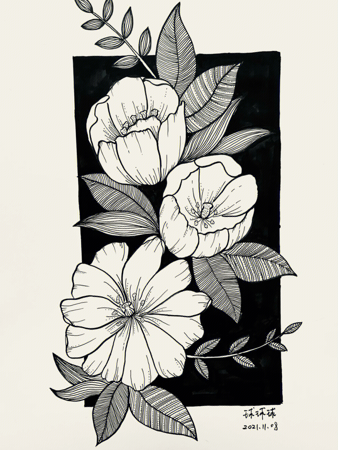 黑白装饰画打卡花卉