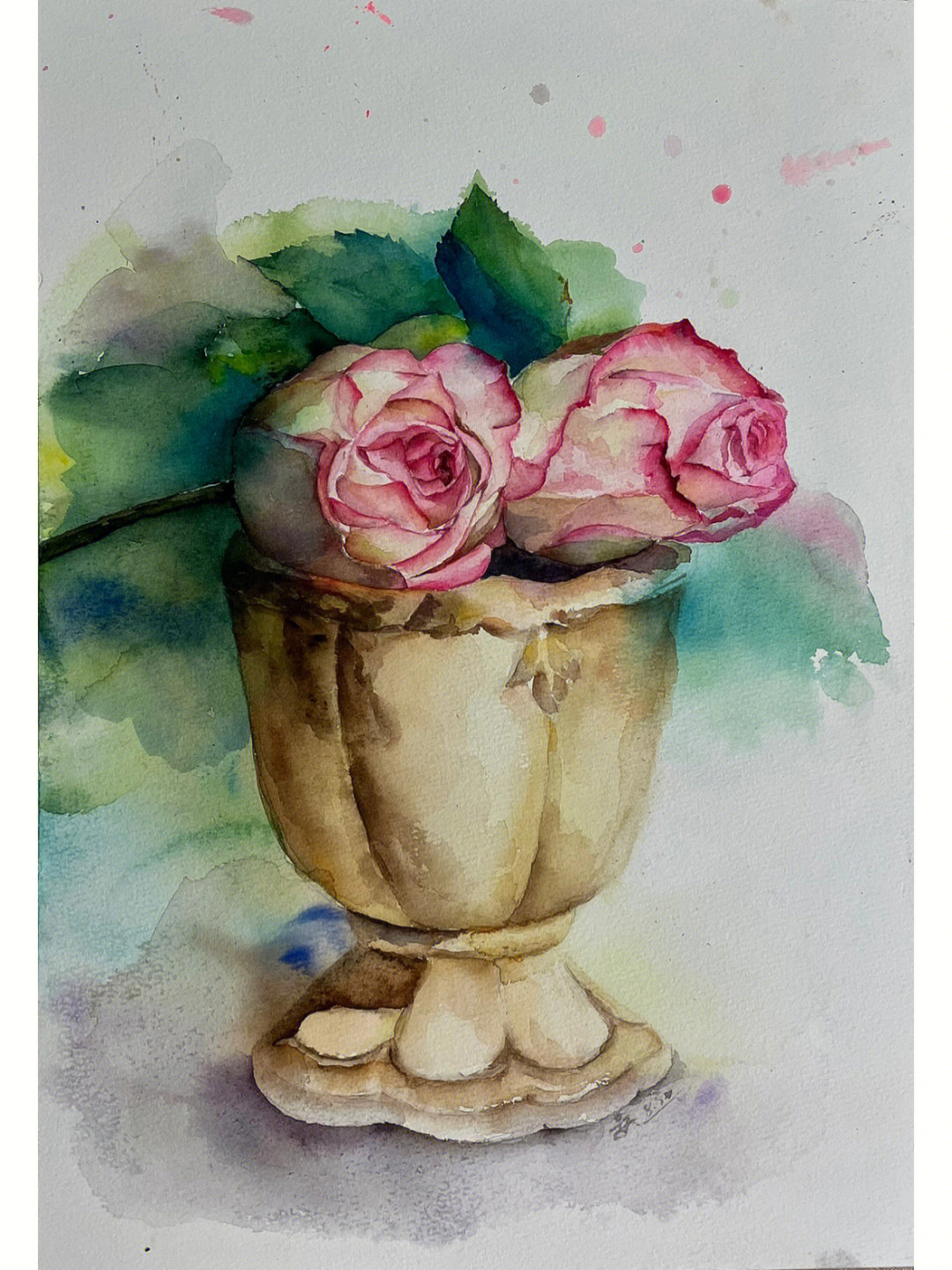 用水粉画花盆和花图片