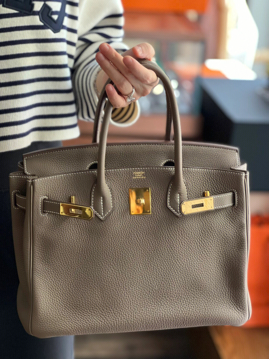 爱马仕birkin30大象灰金扣上身参考几万