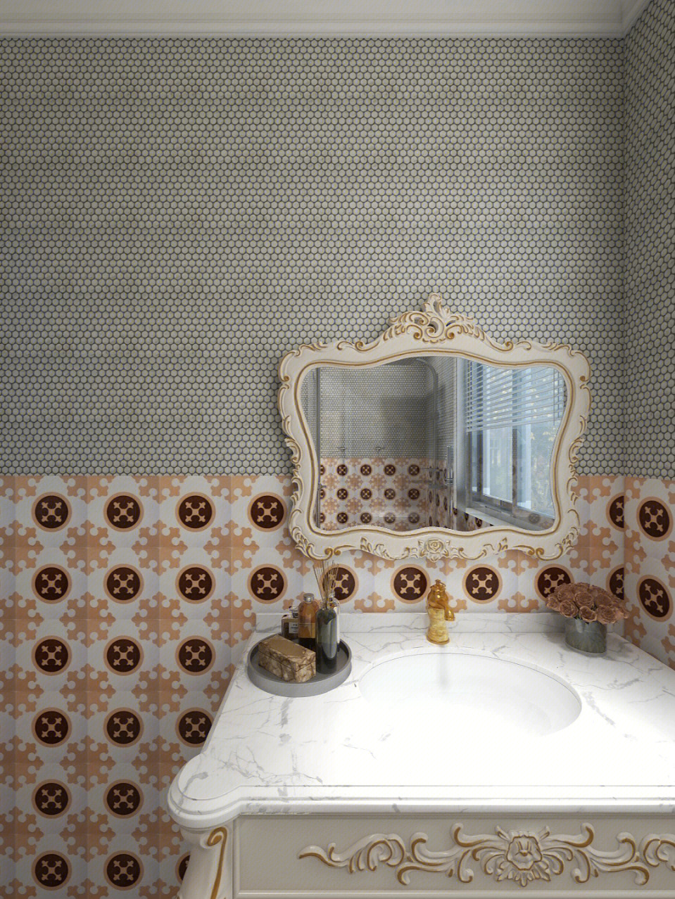 97欧式风格卫浴,背景墙使用圆形细闪石材马赛克和浅橙色复古花砖