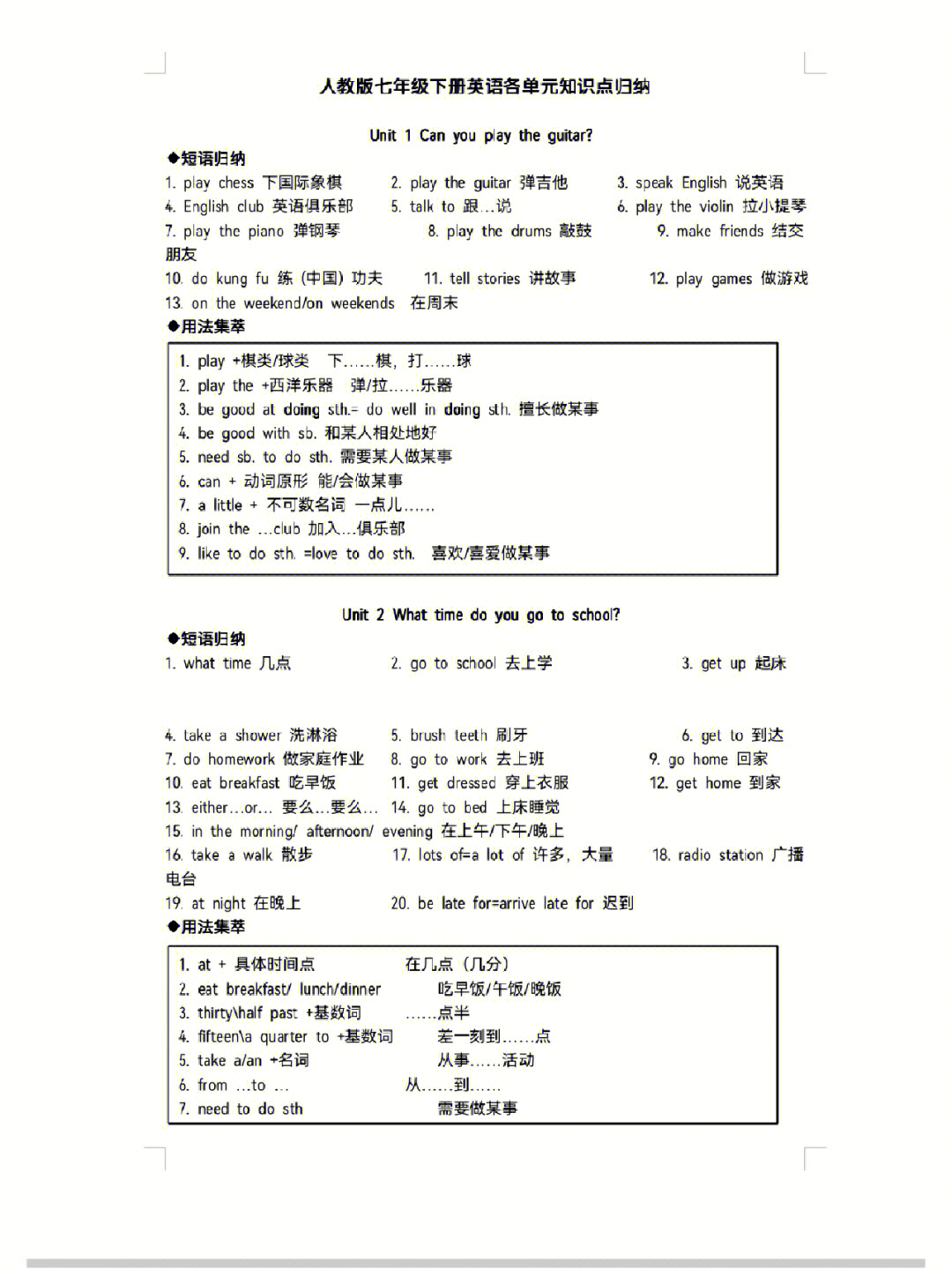 人教版七年级下册英语各单元知识点归纳