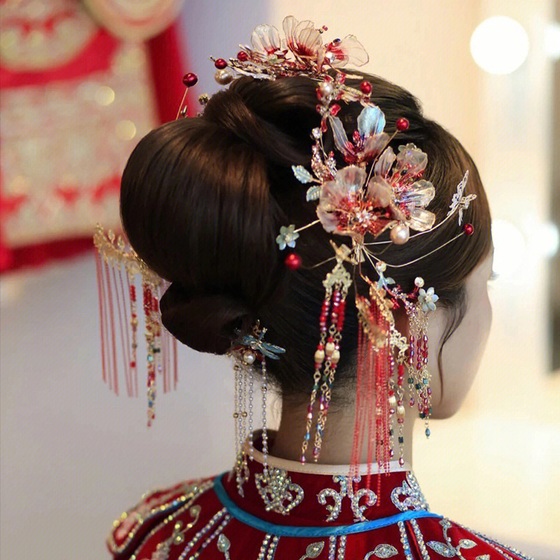 中式新款红色造液花手工新娘头饰禾服