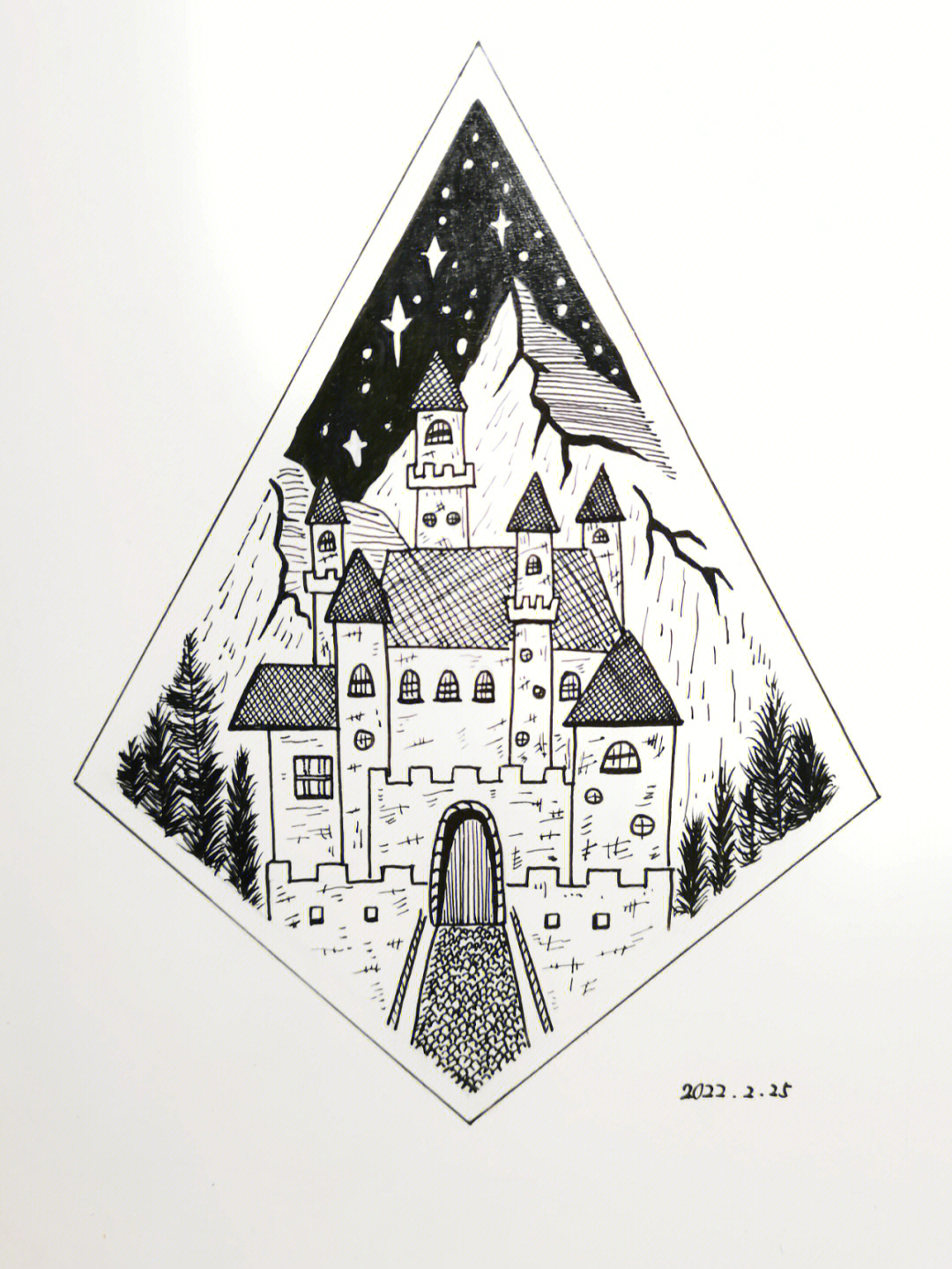 黑白线条城堡装饰画图片