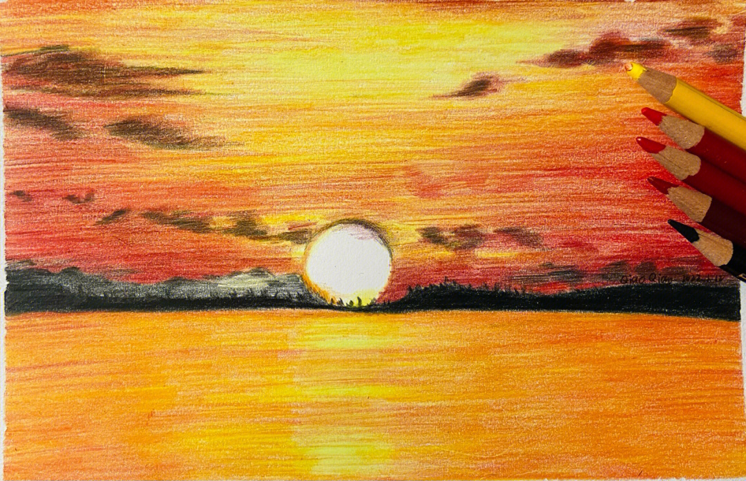 彩铅画夕阳图片