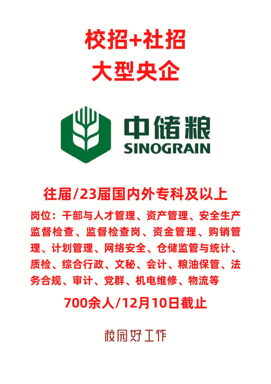 专科起投中储粮2023年社招校招700余人