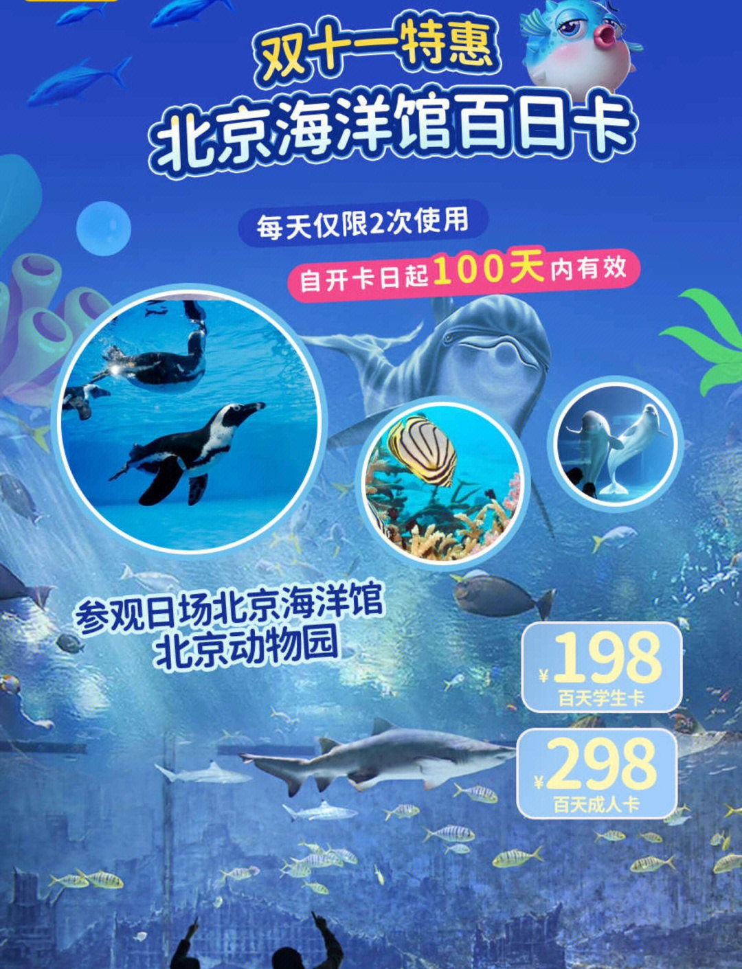 【双11】北京海洋馆 北京动物园百天卡兑卡后100天内有效,去2次就回本
