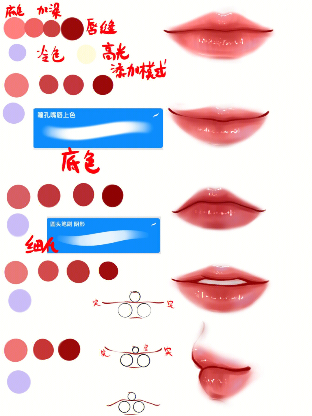 5种常见嘴巴上色过程步骤1根据嘴巴形状画出线稿2:铺底色 用软气笔3