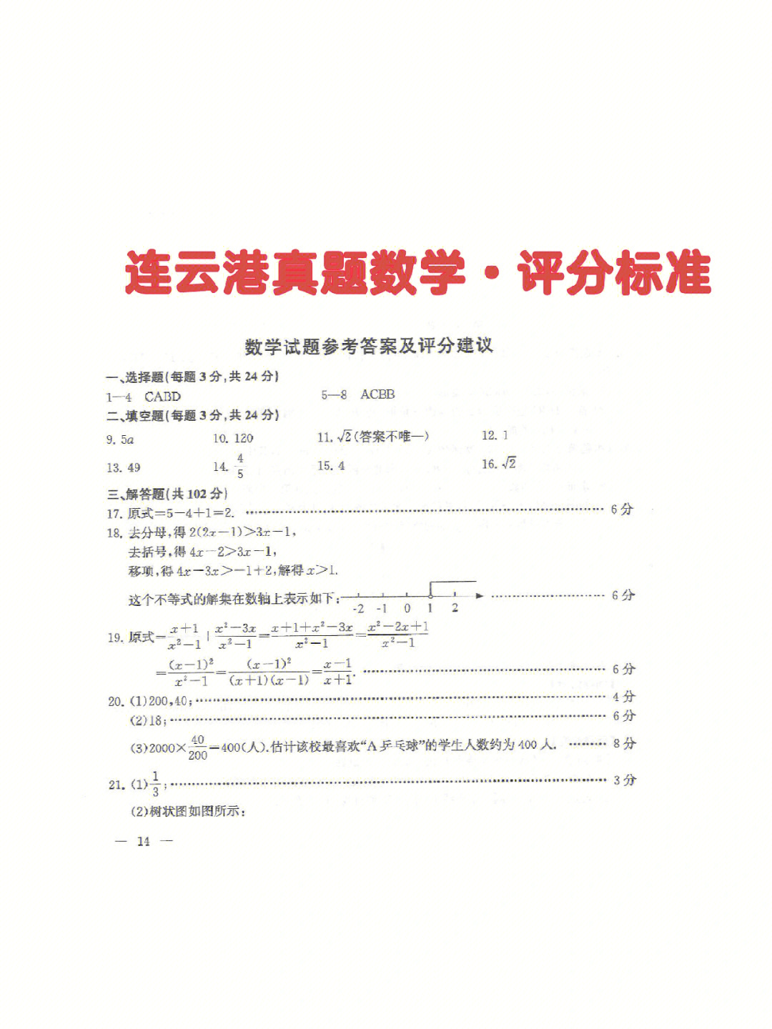 连云港市中考数学真题分析61评分标准