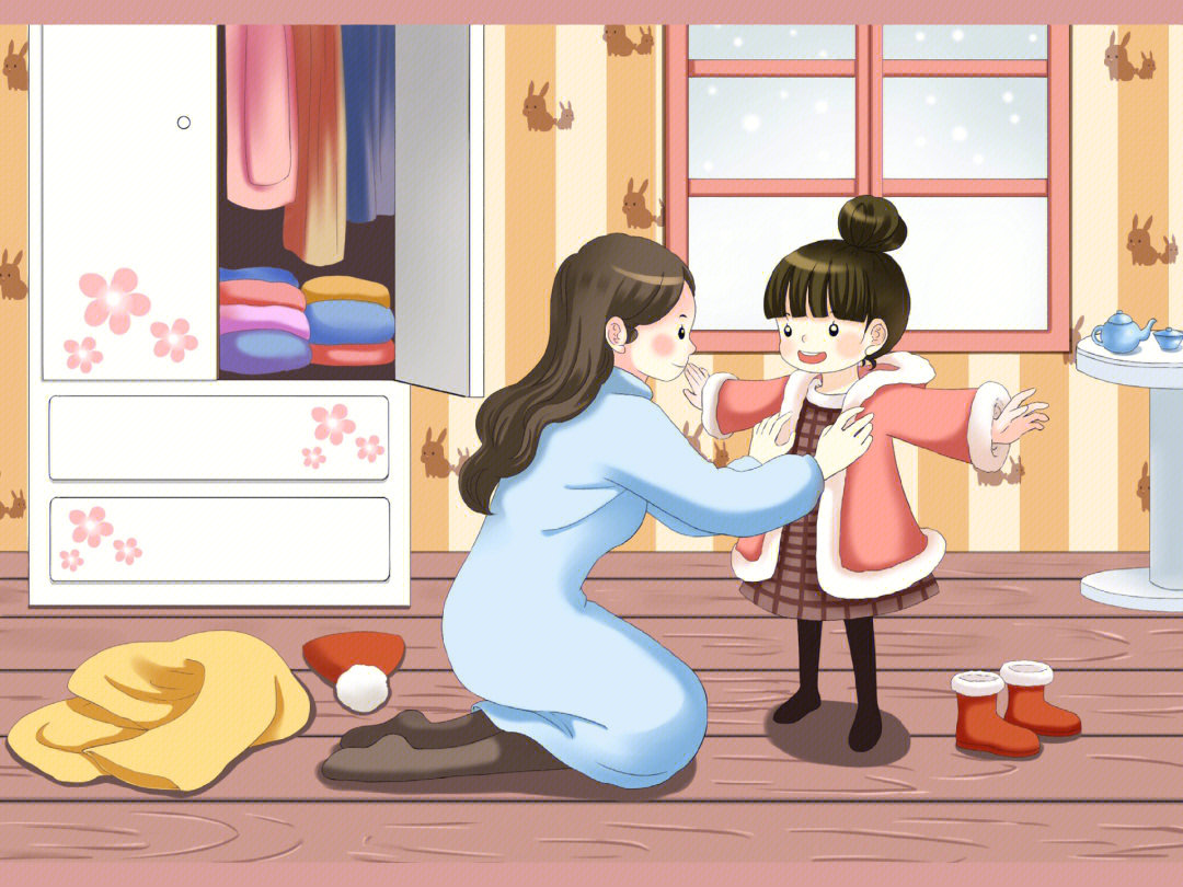 插画母女俩温馨的画面