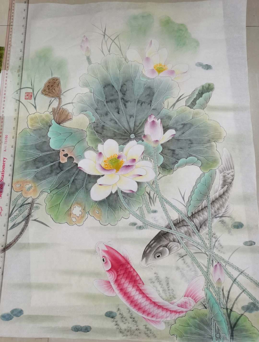 荷花鲤鱼工笔画