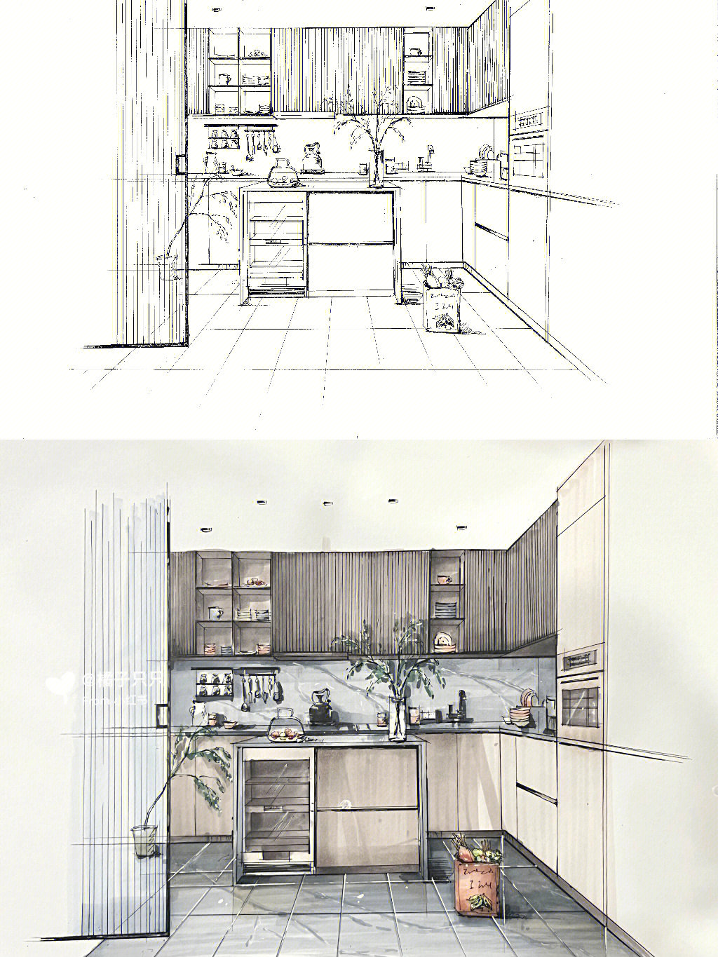 手绘效果图写生厨房空间