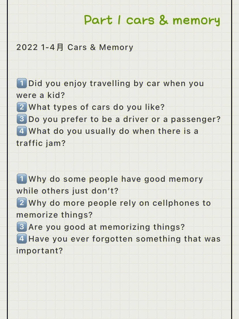 雅思口语202214月新题carsmemory