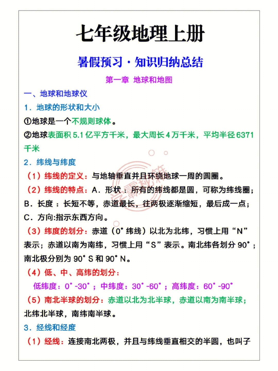 七年级地理上册第一章地球和地图知识点