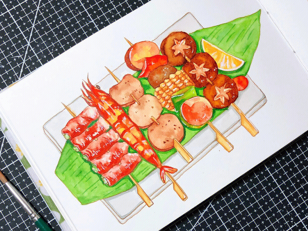 水彩画钢笔淡彩美食日式烤串