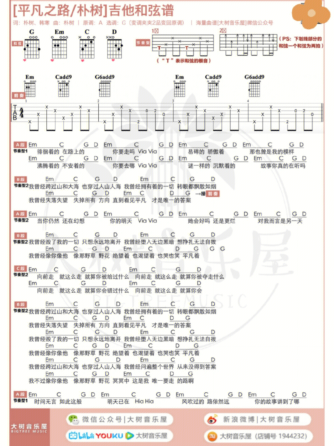 吉他谱平凡之路朴树cover