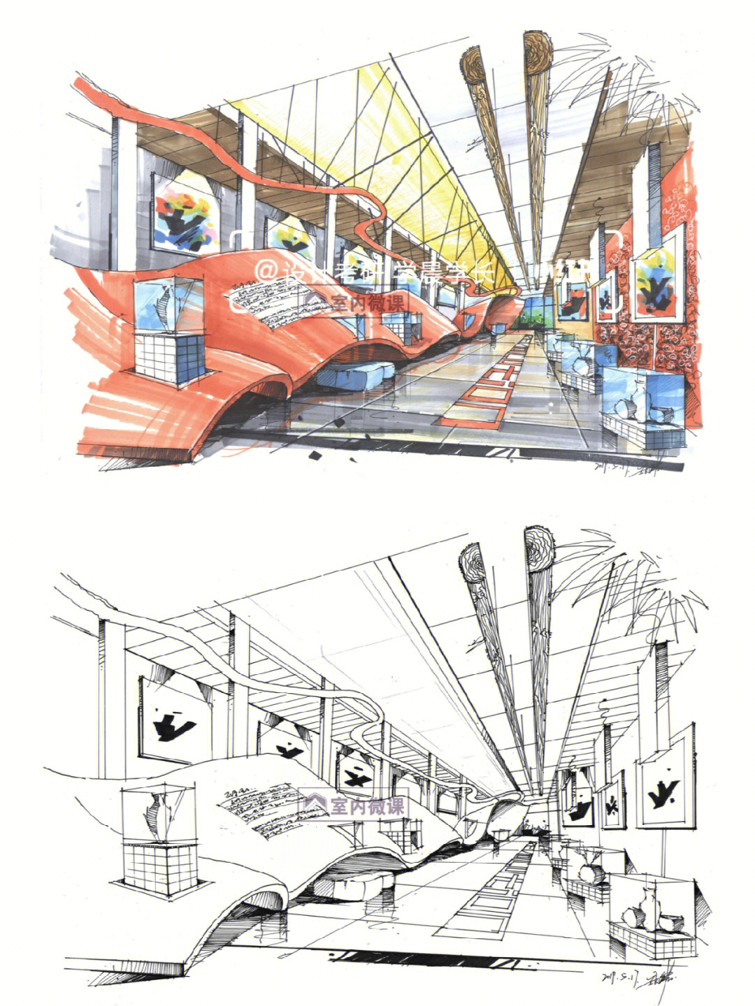 室内设计考研工装马克笔展厅手绘效果图