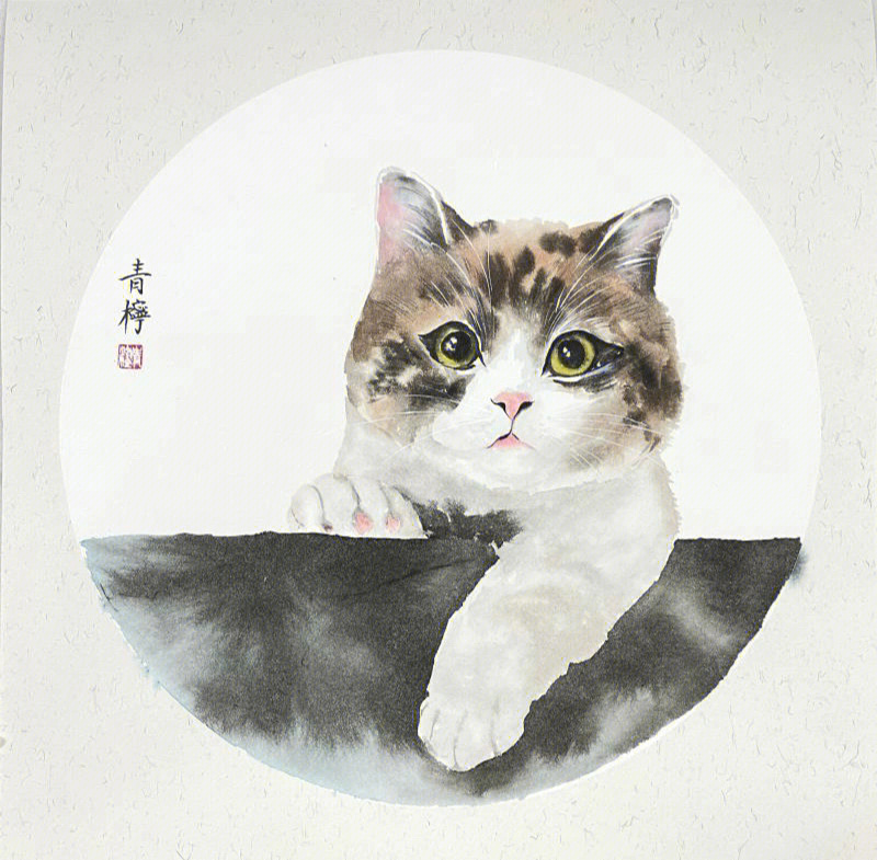 猫咪脸部在刻画的时候可以用赭墨色先进行铺色,要注意大致轮廓的塑造