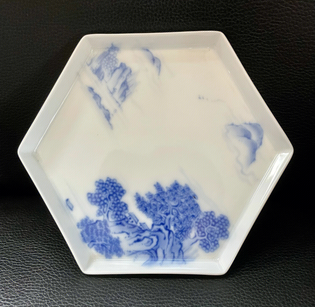 中古日本回流 深川制瓷器 六方染付青花山水碟 盘子对角长15cm