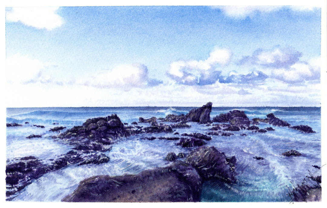 水彩颜料画简单海边图片