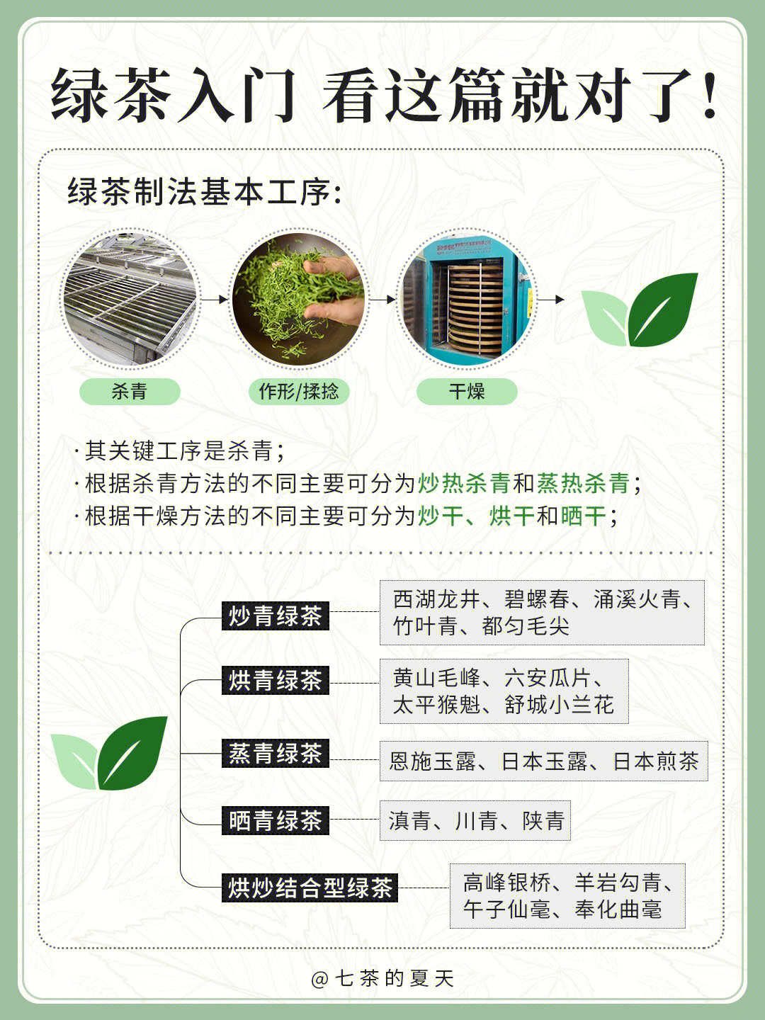 绿茶种类繁多,因制作工艺的不同分为几个大类,品质各有其特色,大家