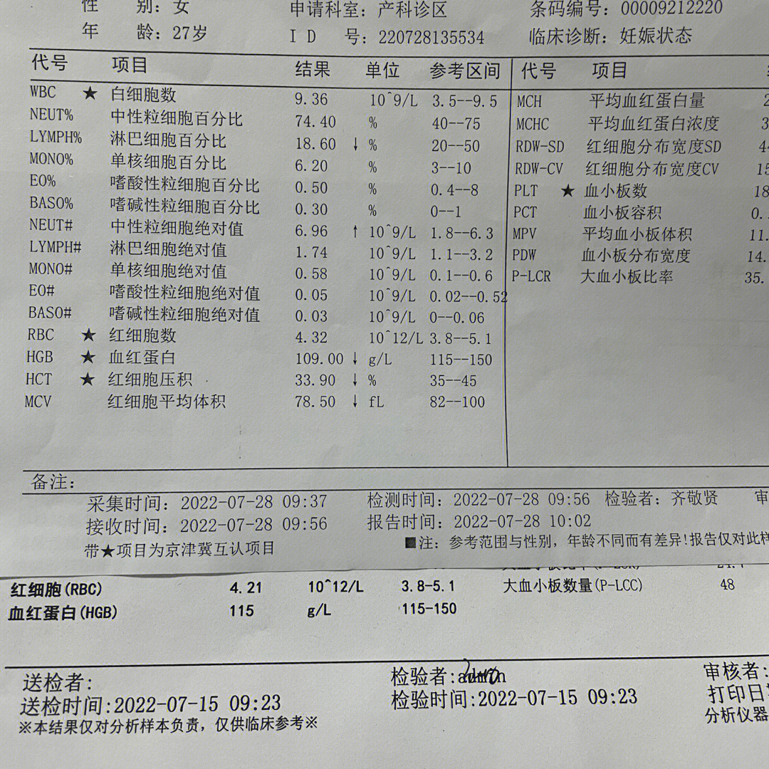 轻度贫血化验单图片