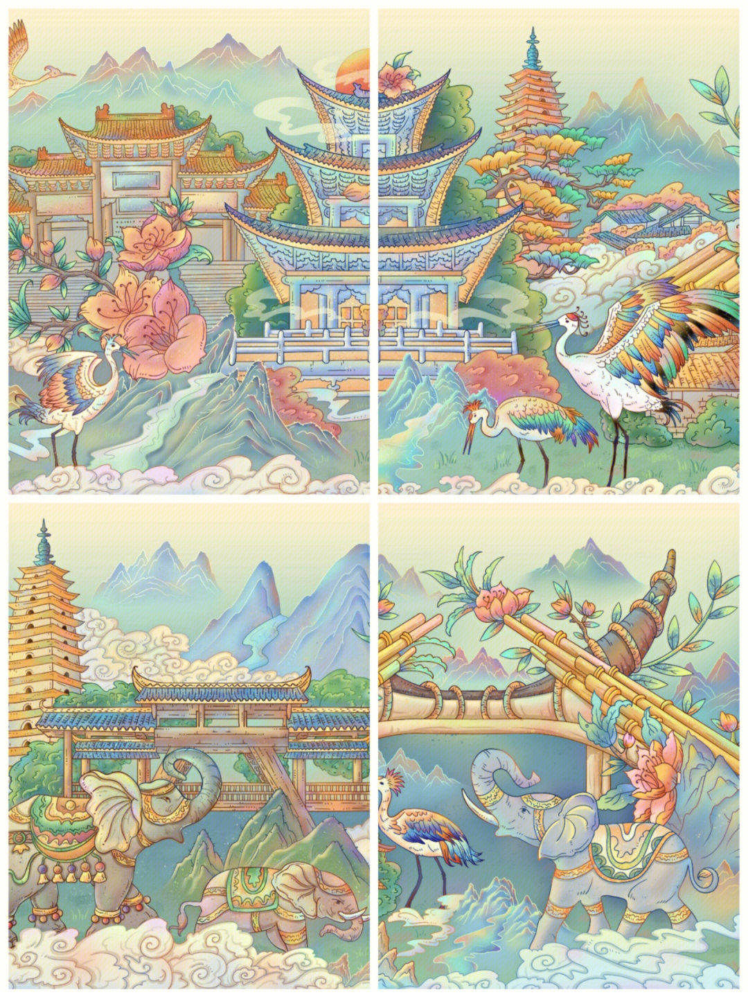 云南风景国潮风插画