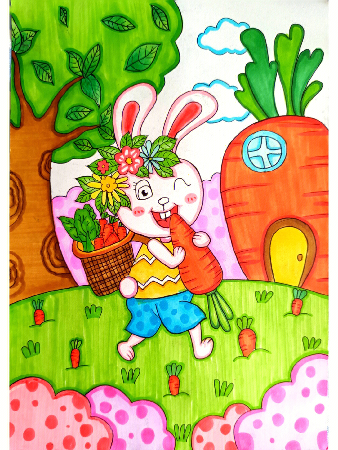 小兔子去采了满满一筐胡萝卜回来啦#创意美术儿童画#画画的日常