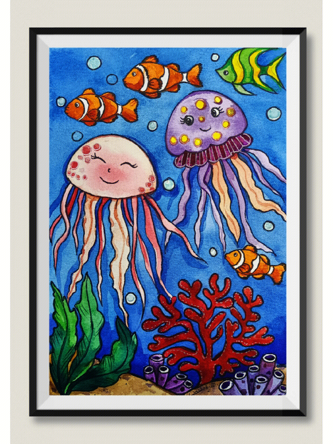 水母是主角的海底世界,是给孩子们做的考级范画