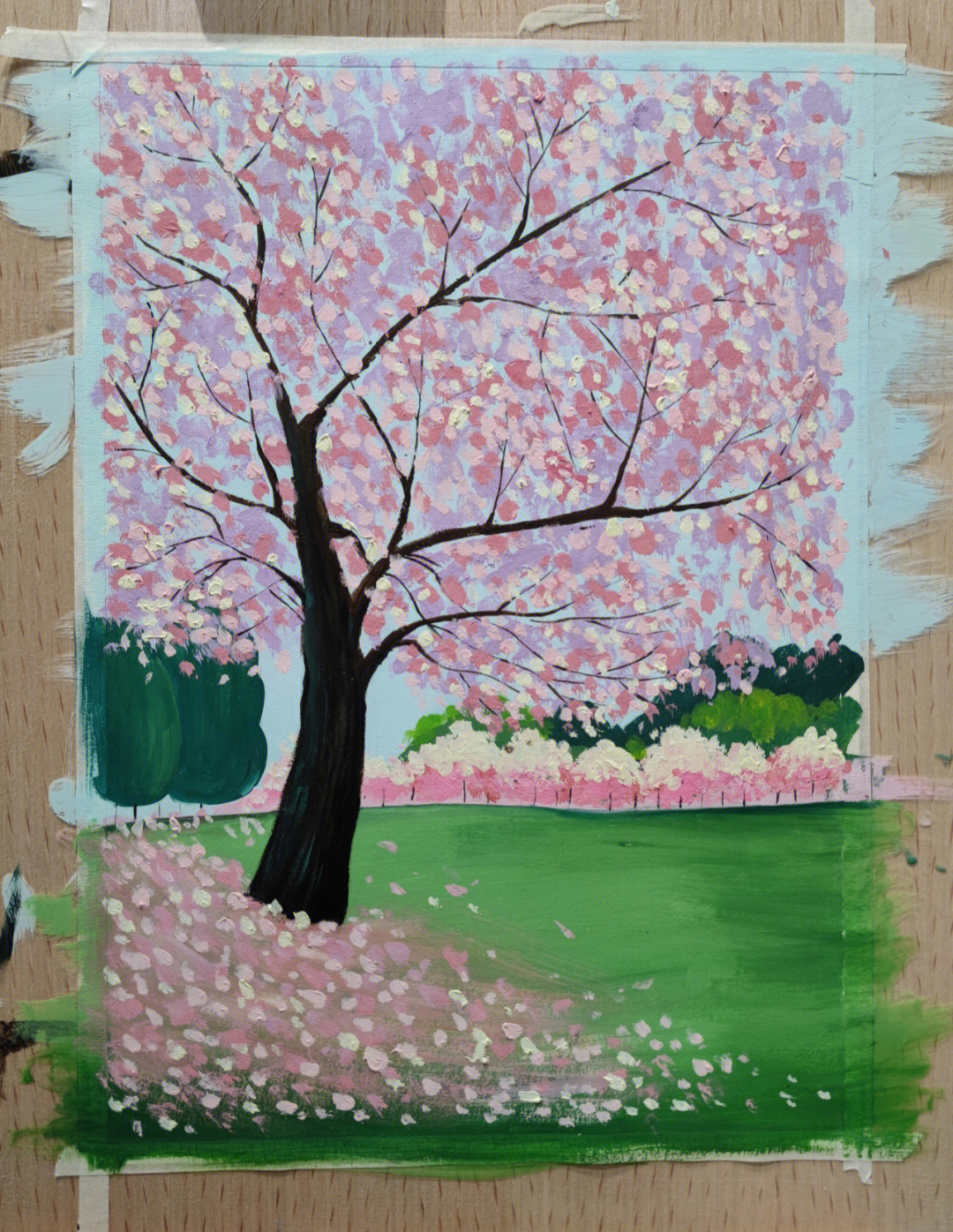 儿童水粉画春天的景色樱花树