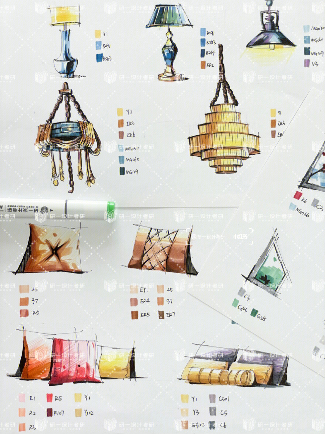 中式灯具手绘马克笔图片